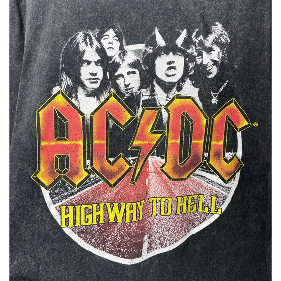 ACDC Band T Shirt XL Highway to Hell Faded Black Cropped Raw Hem Grunge - Picture 2 of 9